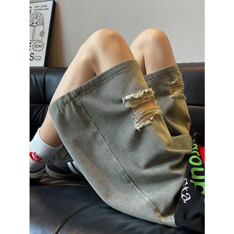 水洗做旧破洞短裤男款夏季复古美式高街中裤潮牌宽松直筒五分裤子