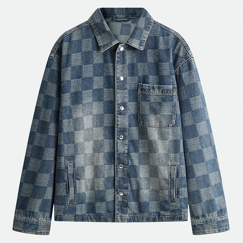 曼加龙25年秋冬棋盘格纹复古潮流百搭翻领牛仔高级感男装夹克2106