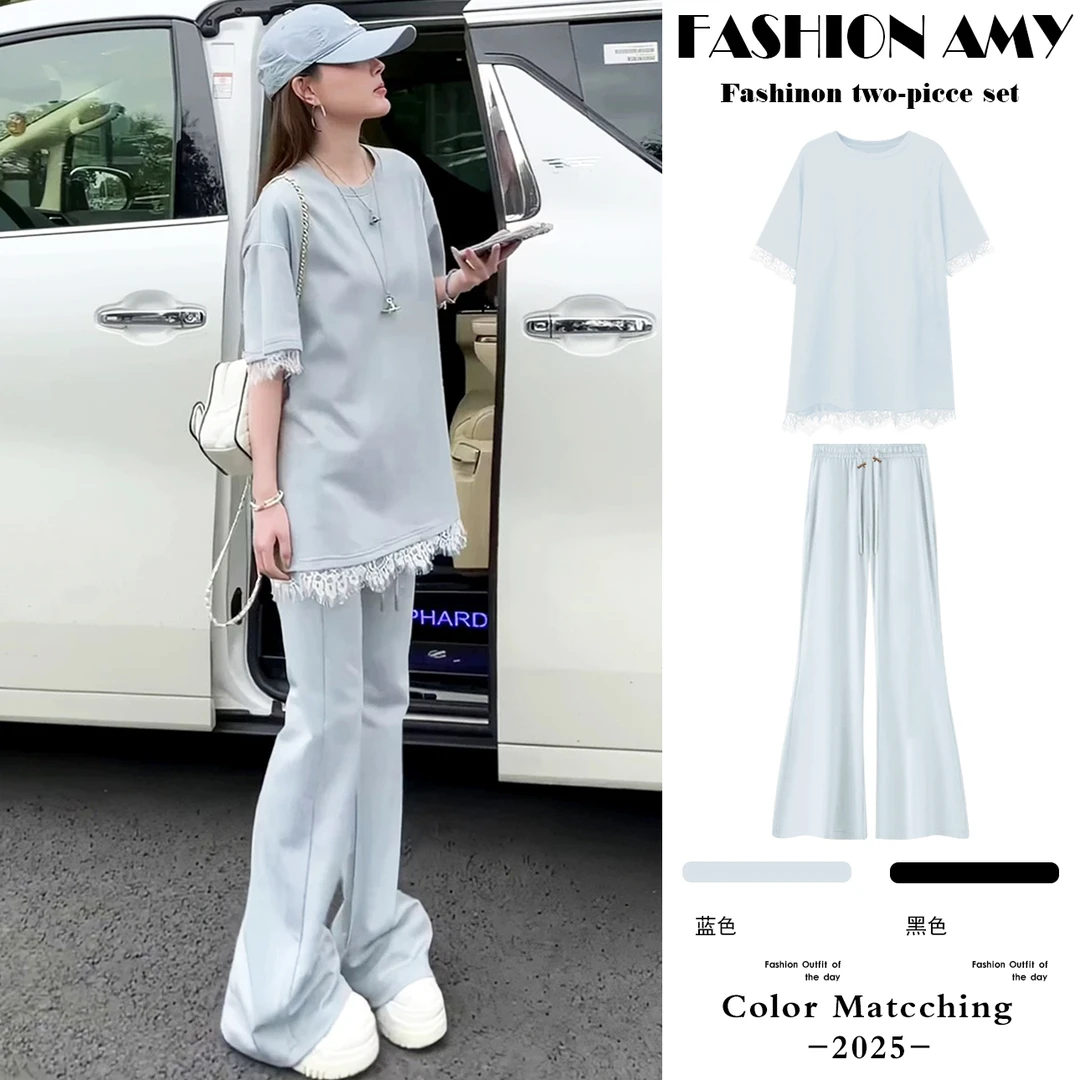 孕妇套装夏装新款时尚韩版设计感后开叉蕾丝拼接T恤休闲喇叭裤子1