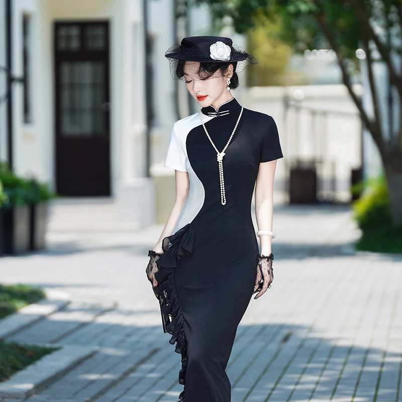 142超长款 N85走秀 黑白单开叉荷叶边旗袍连衣裙气质显瘦旗袍