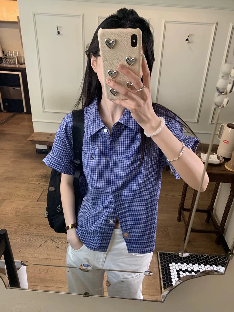 【现货】港风蓝色格子短袖衬衫女上衣2025夏季新款休闲气质衬衣