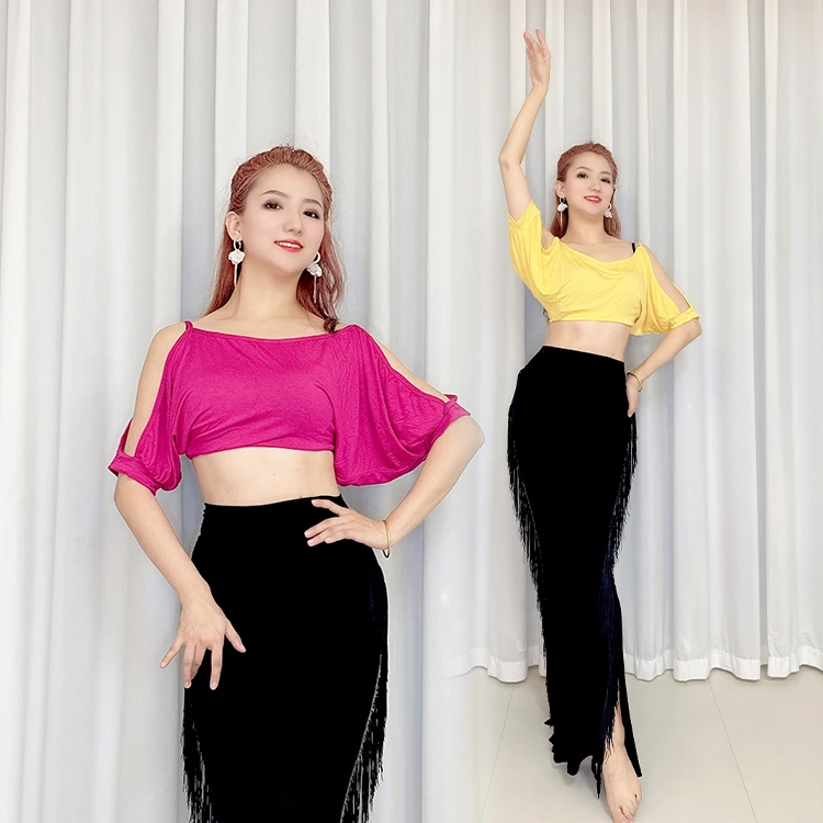 SWEGAL肚皮舞练功服性感蝙蝠袖上衣中袖百搭款莫代尔高腰流苏裤