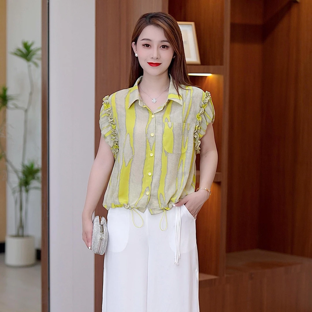 2025新款翻领竖条纹时尚衬衫女夏季洋气短款设计感宽松遮肚子上衣