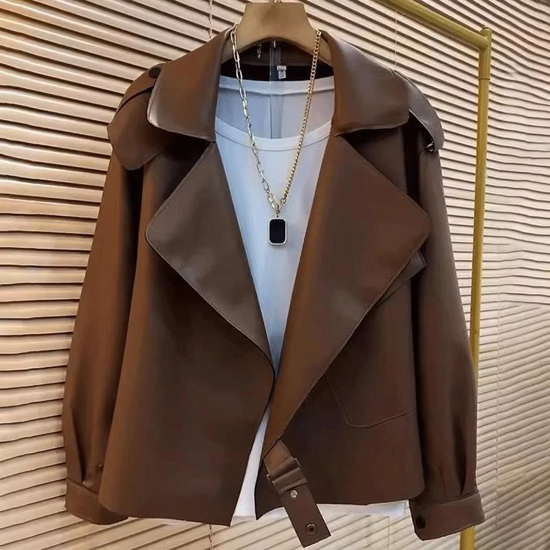 西装领皮衣2025冬季新款机车服皮夹克高级感宽松美式覆古咖色外套