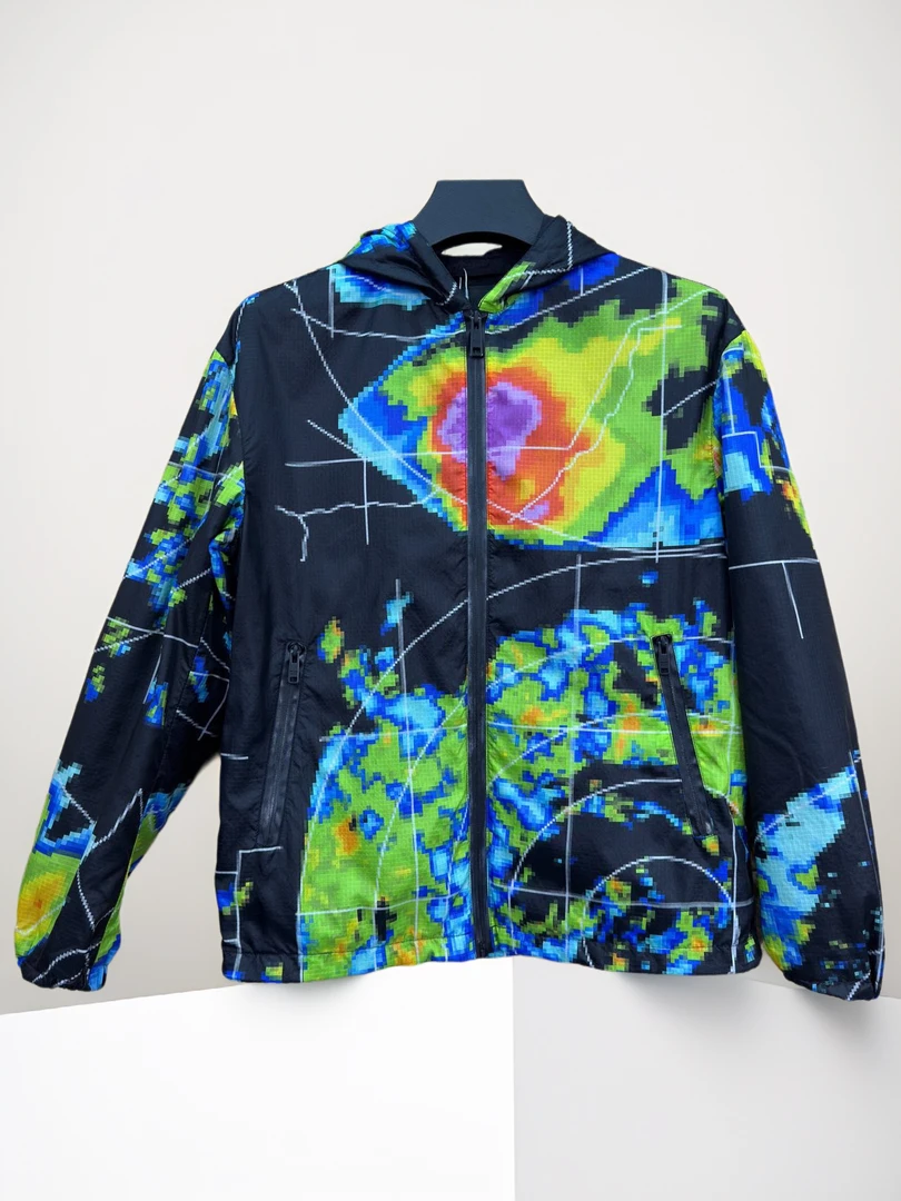 99新 Prada/普拉达 Xs码/气象图案印花连帽拼色外套/工价26800