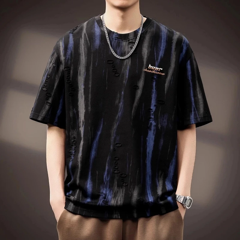 Cebrodz高端国风水墨提花破洞短袖T恤男2025夏宽松大码