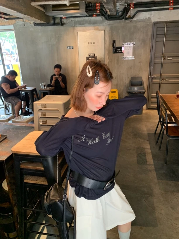 长袖罩衫韩系慵懒风轻薄甜酷女圆领宽松休闲美式复古春夏T恤#1536