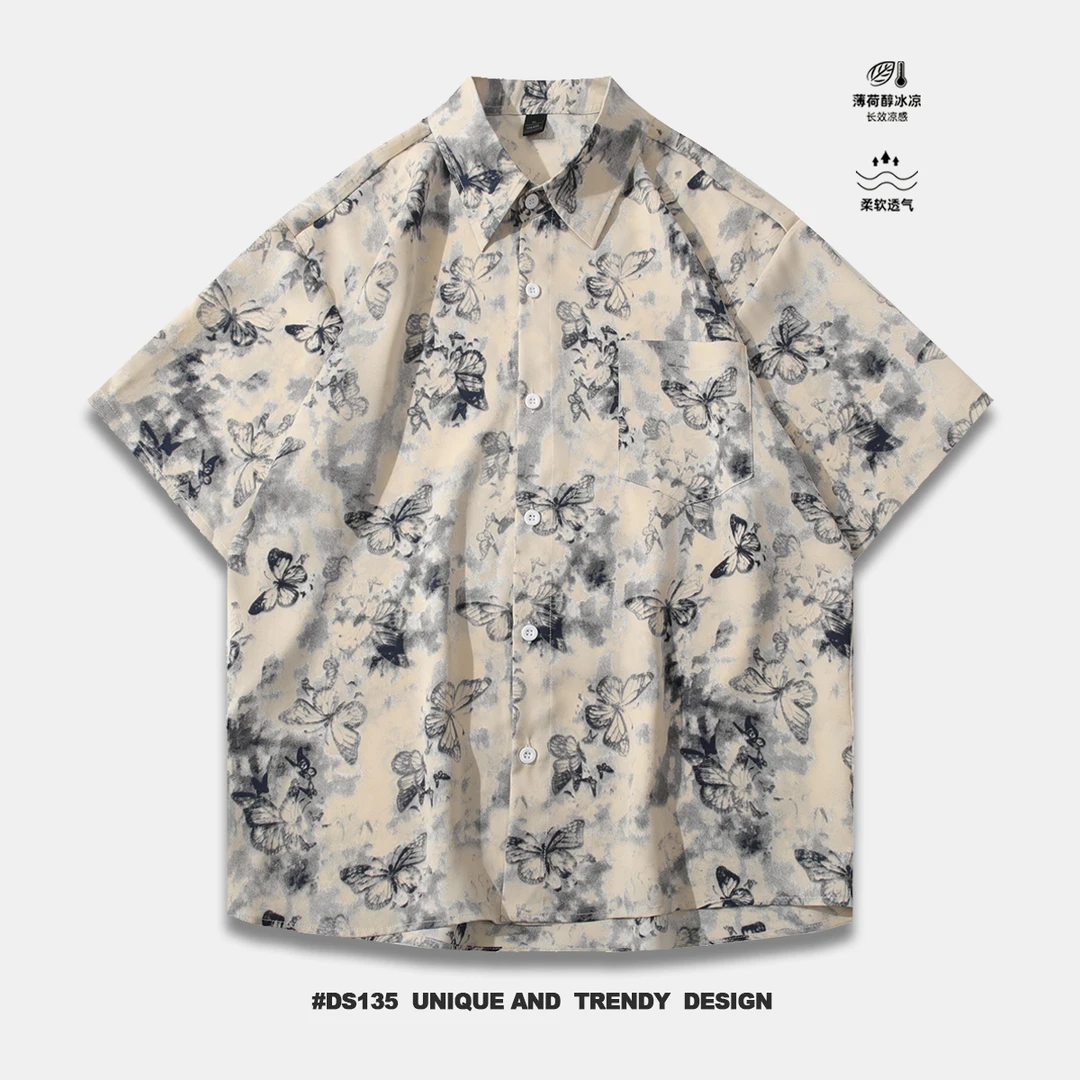 夏季短袖宽松垂感冰丝衬衣透气男士日系扎染休闲薄款衬衫潮流百搭