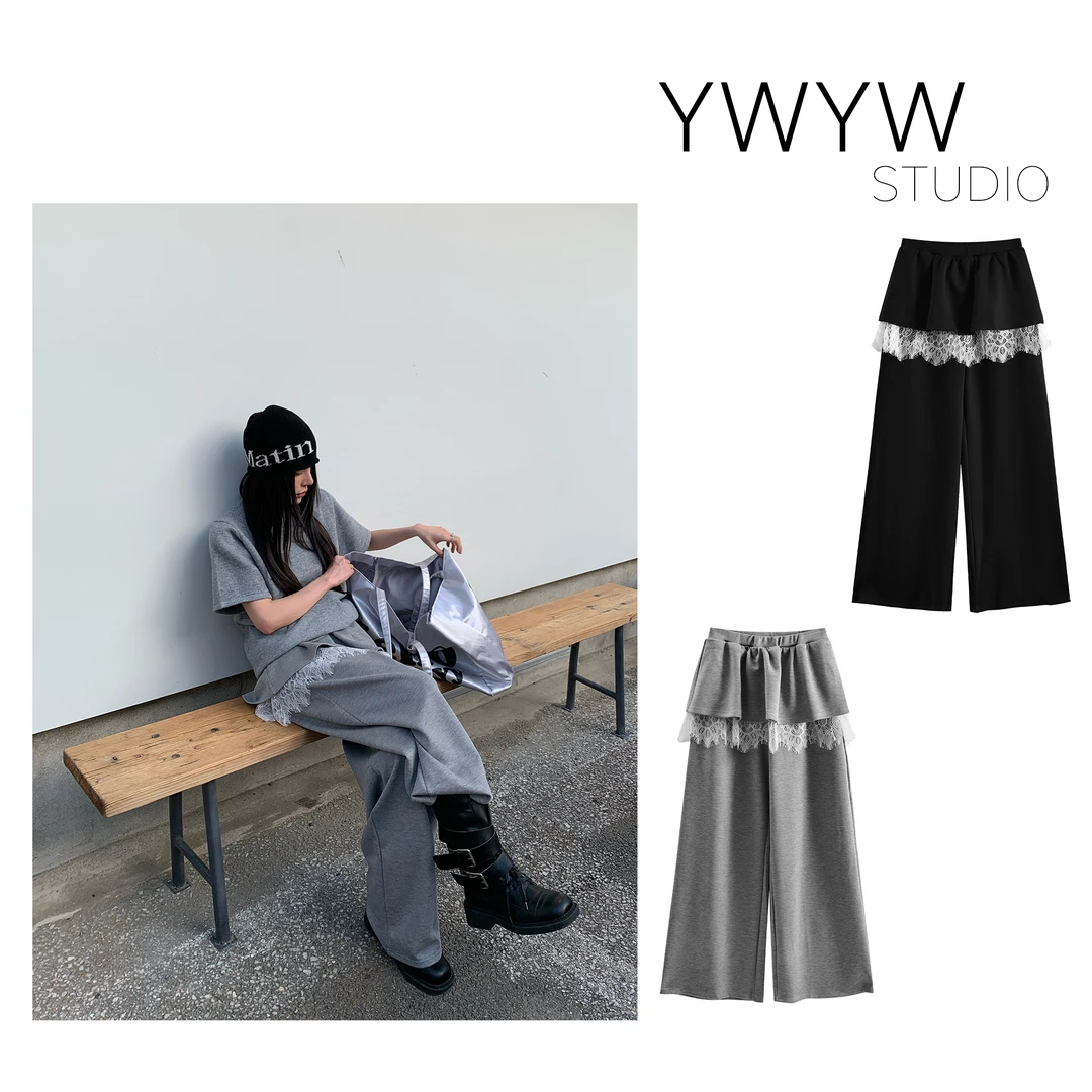 【福利款NO退换】早秋纯色拼接蕾丝休闲阔腿宽松卫裤10889