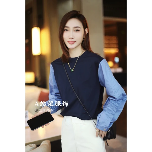 【荣姐精选】极简设计拼色袖圆领长T