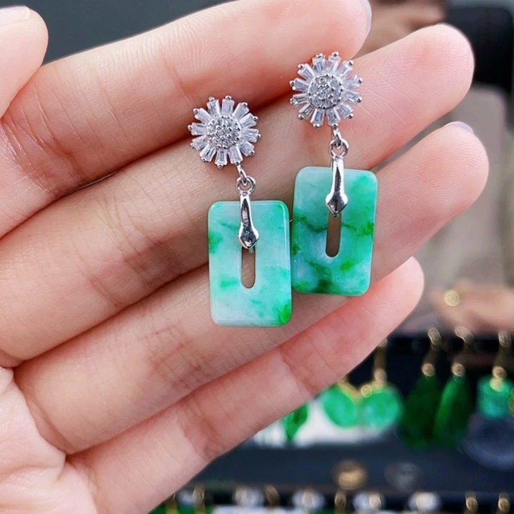 翡翠耳饰银S925镶嵌饰品