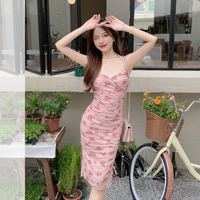 【桃气玫瑰】法式休闲温柔风浪漫印花网纱挂脖上衣/连衣裙