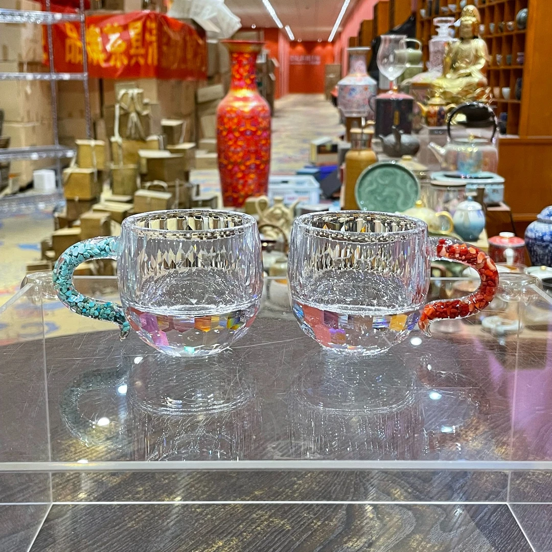 【闪购商品】轻奢钻面切割水晶茶杯品茗杯绿松石把手两只GS001-2T