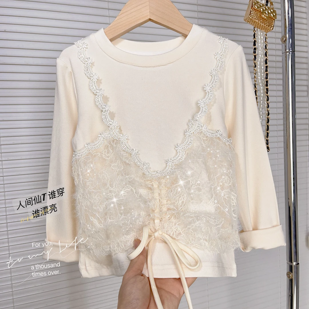 女童纯色圆领T恤春秋2025新款小姑娘法式蕾丝吊带假两件百搭上衣