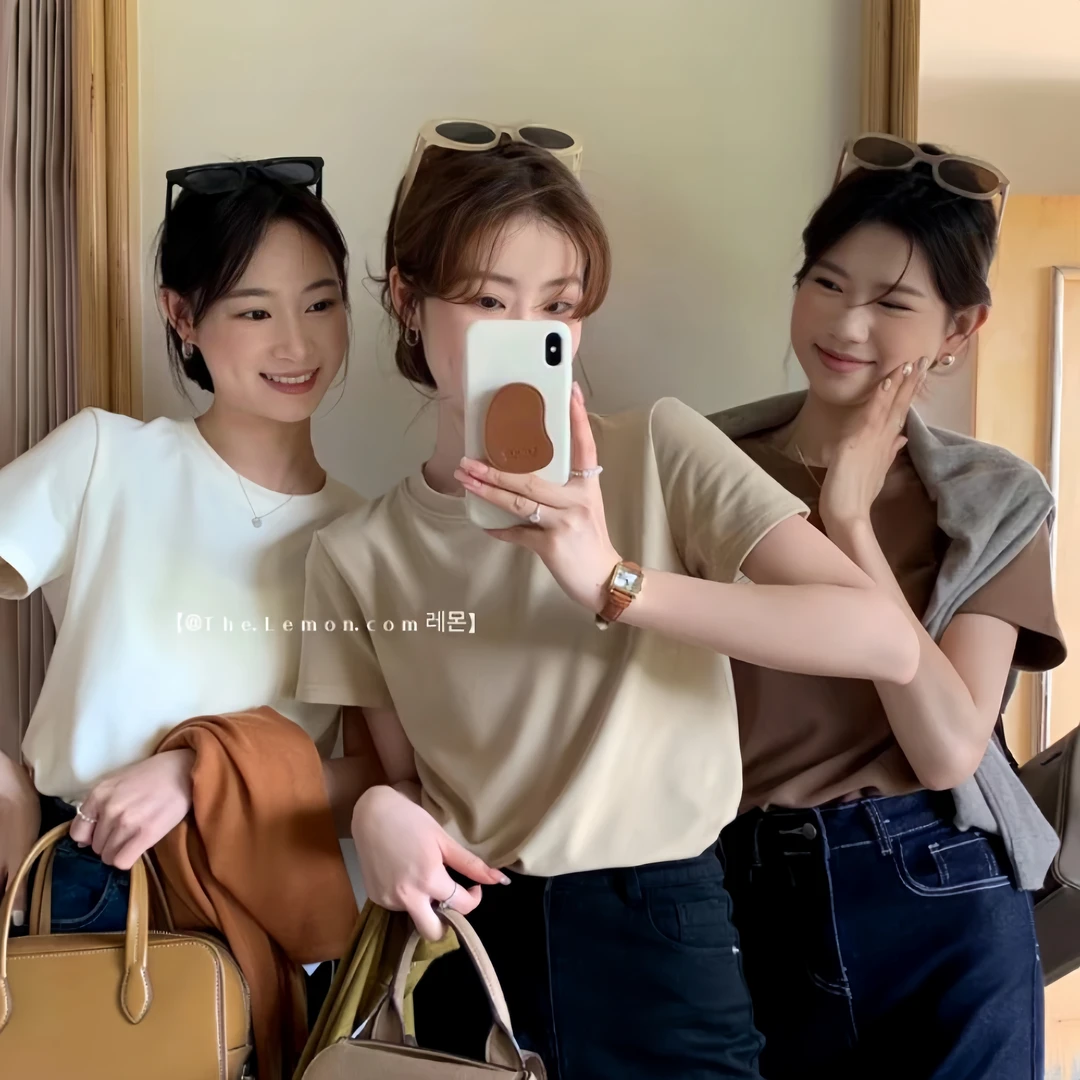 正肩短袖t恤女夏2025年新款白色圆领内搭夏季纯色百搭打底衫上衣