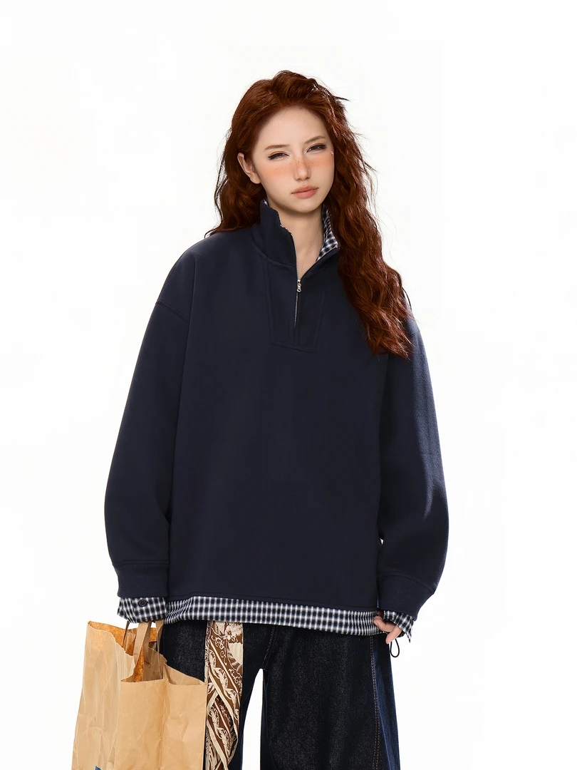 2025秋季新款男女同款情侣立领半拉链格纹拼接假两件长袖休闲卫衣