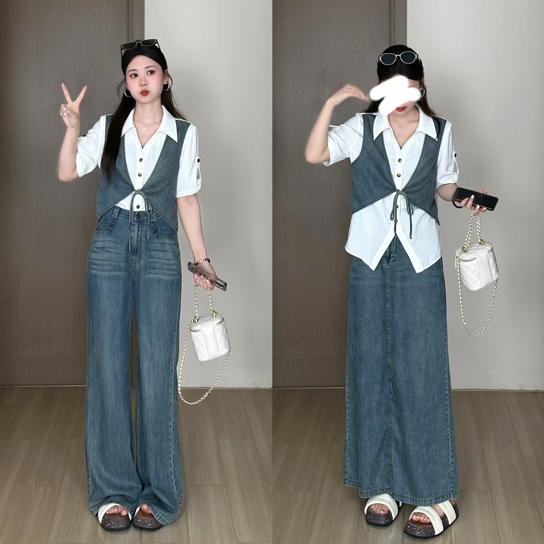 敏敏南岛风大码女装假两件短袖上衣夏胖mm显瘦牛仔长裤套装ZZM115