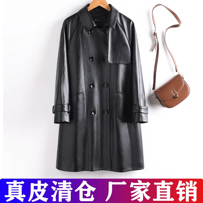 海宁真皮皮衣女中长款2025秋冬新款时尚宽松显瘦气质休闲开叉外套