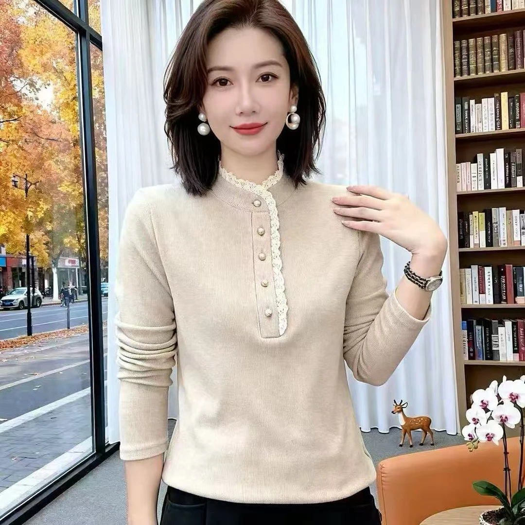 秋冬新款蕾丝木耳边小衫时尚洋气减龄长袖上衣#2691