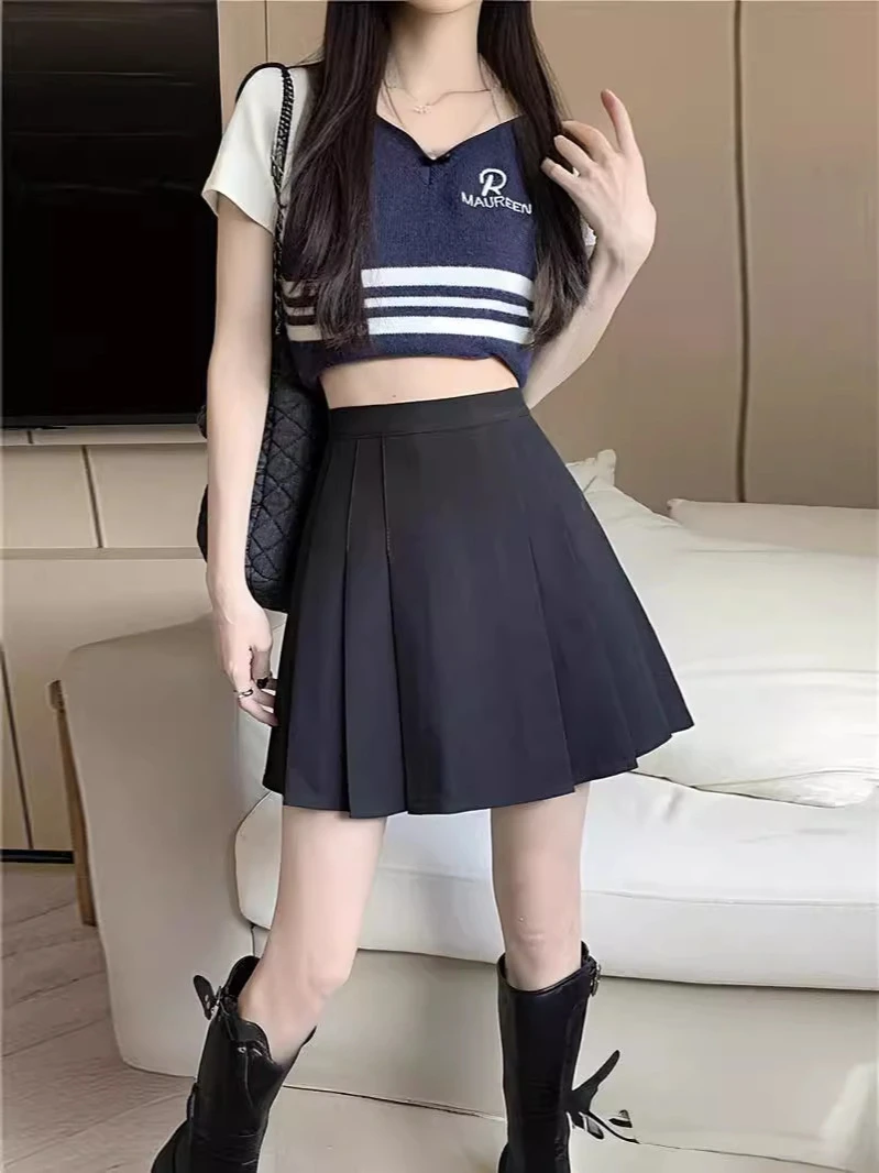 黑色半身裙女夏季新款高腰百褶裙大码胖mm收腰显瘦遮肚a字短裙子