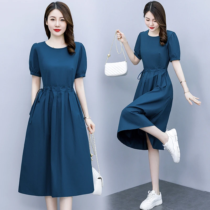 实拍夏新款纯色连衣裙女中长款过膝系带显腰身气质字大摆裙