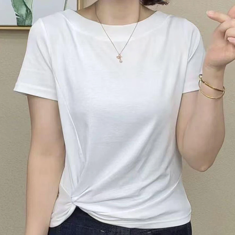 2025夏季新品时尚洋气短袖百搭气质减龄显瘦女T恤圆领小衫Y0023