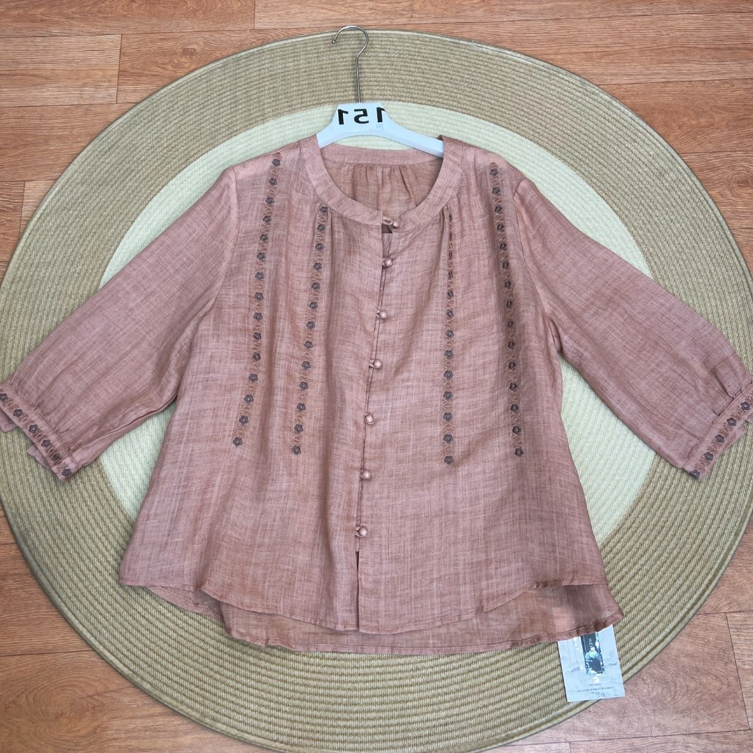 [151拍这里]复古国风刺绣印花苎麻小衫女2025夏新款上衣女休闲风