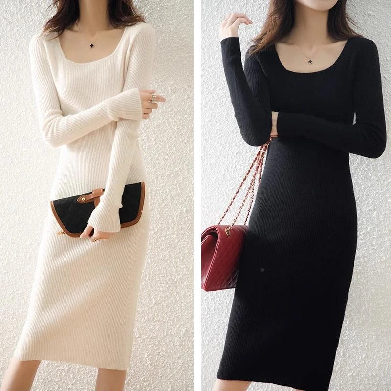 秋冬季法式连衣裙长款打底方领内搭毛衣裙秋波新海滩度假连衣裙