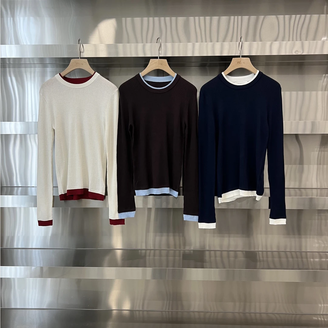 简序论圆领套头撞色毛针织衫