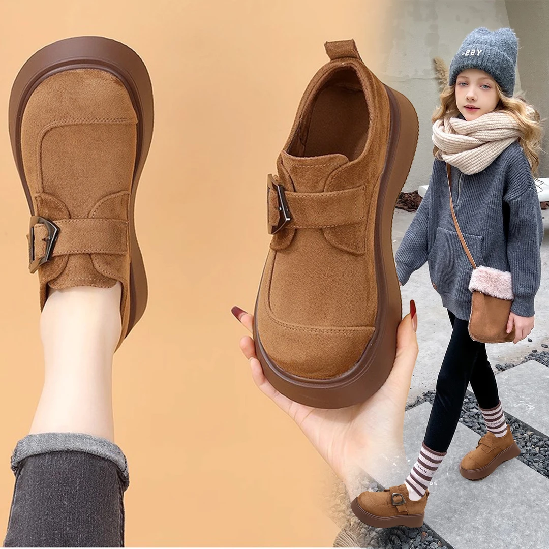女童皮鞋秋冬加绒二棉儿童乐福鞋中大童小女孩冬季软底洋气勃肯鞋