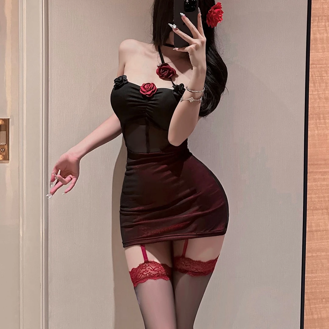 姿趣纯风网纱睡衣玫瑰旗袍包臀短睡裙制服女套装夏6425