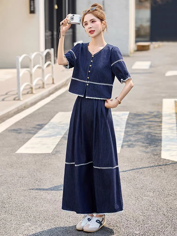 2025夏季新款时尚套装女高级感气质百搭休闲牛仔上衣半身裙两件套