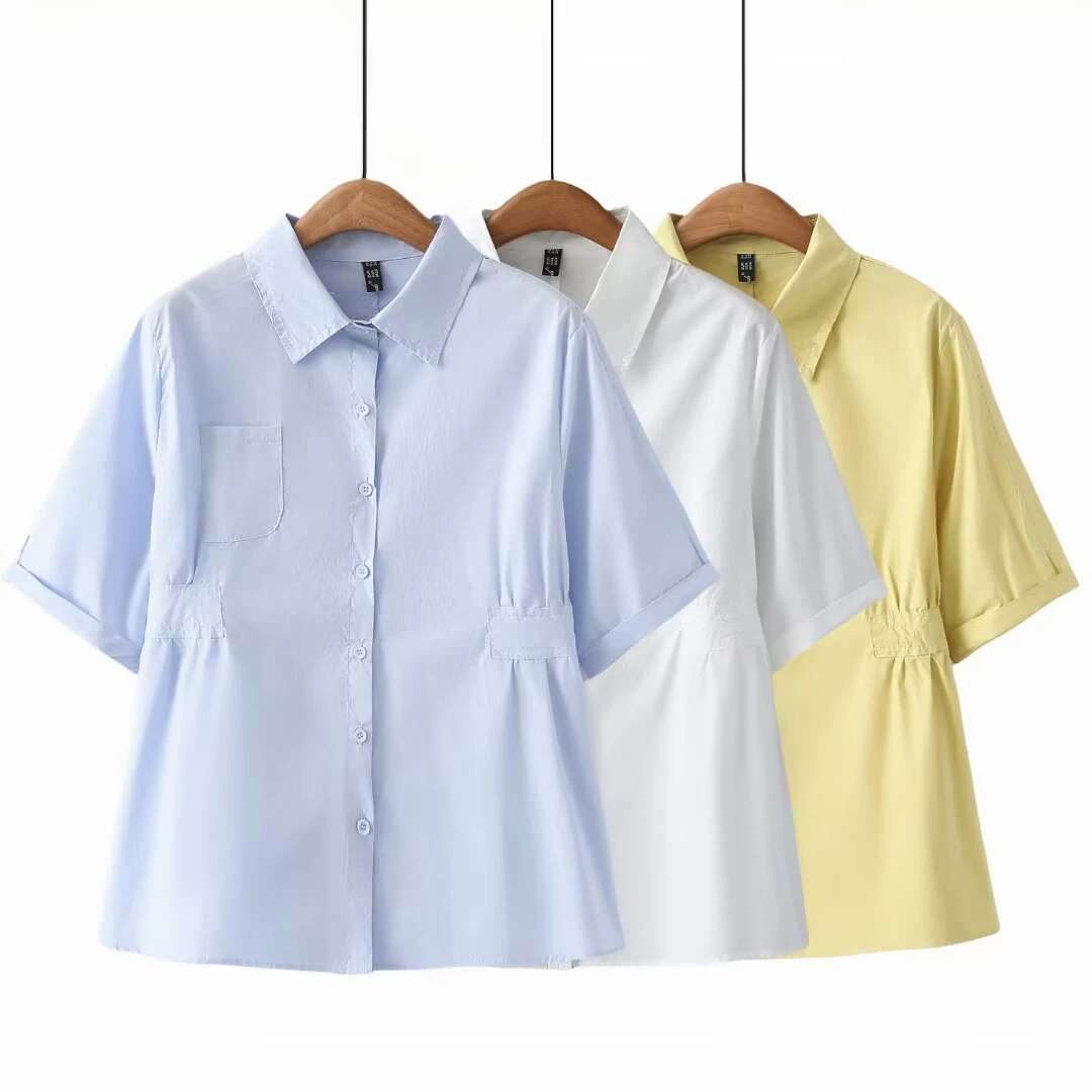 纯棉料夏季新款翻领简约时尚收腰微胖mm宽松大码女装短袖衬衫衬衣