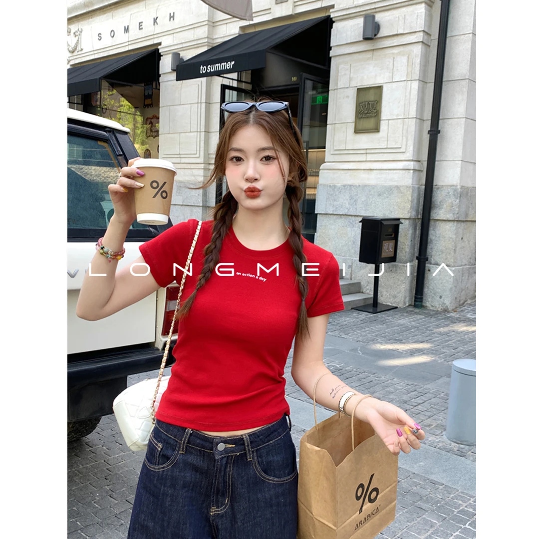 红色圆领正肩短袖T恤女修身2025夏季新款独特超好看小上衣