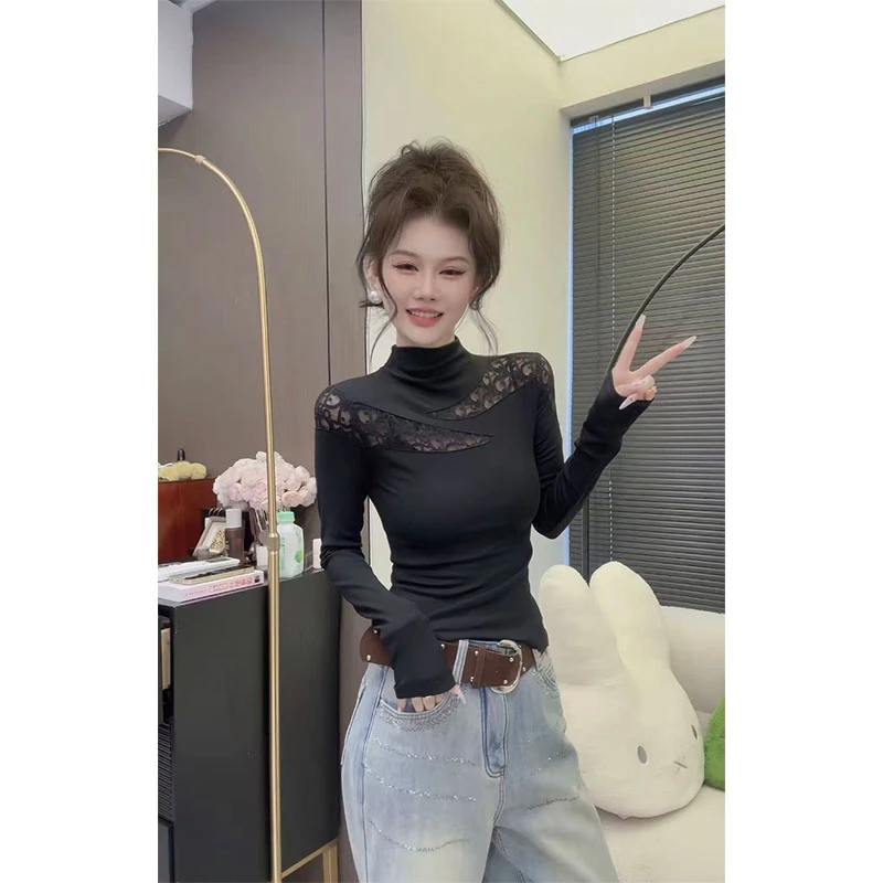 欧货冬季时尚设计蕾丝半高领洋气加绒长袖t袖内搭打底衫修身显瘦