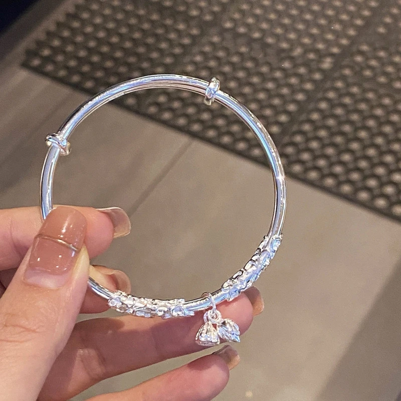 足银手镯 A34浮雕花丝两世欢推拉纯银手镯实心经典款年轻精致镯子