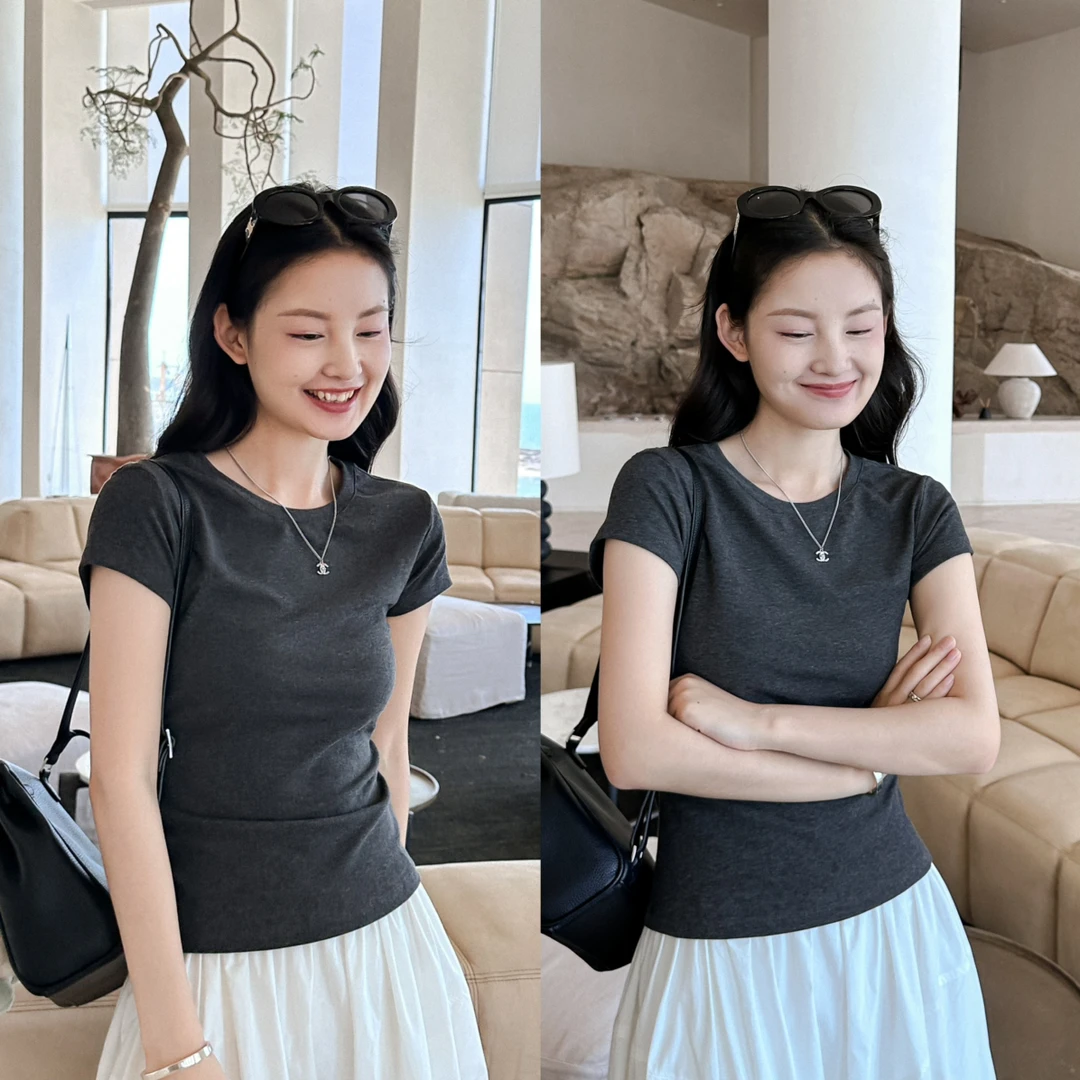 美树【DIGM】6色极简风简约百搭舒适圆领弹力显瘦短袖T恤  20110-1#