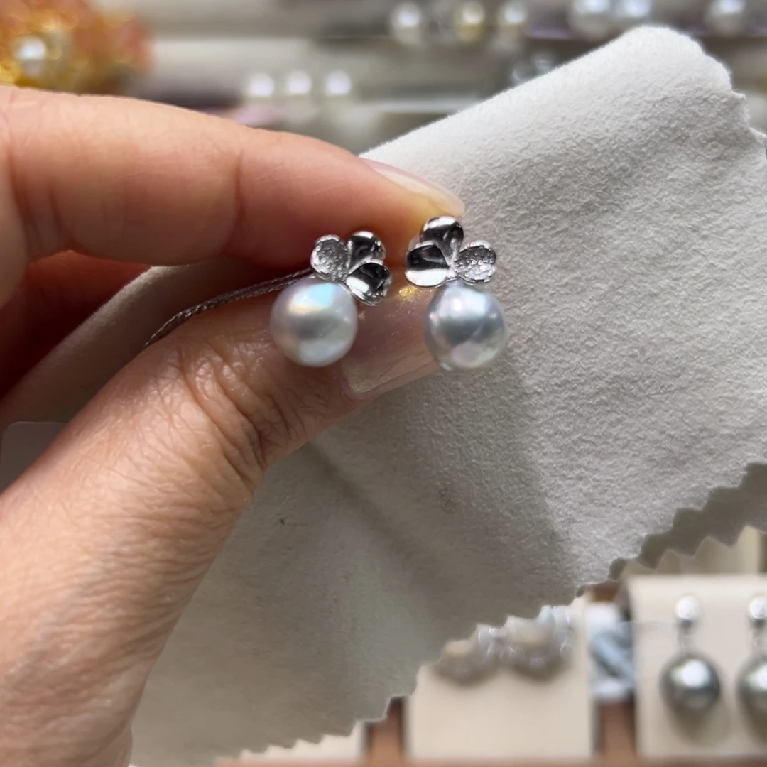 银S925镶嵌耳饰海水珍珠8-9mm真多麻三叶草耳钉