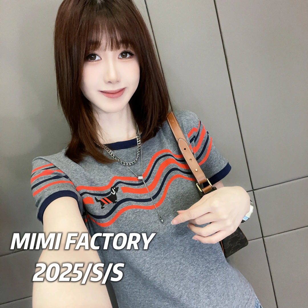 2025新款短袖欧货线条印花短袖T恤女修身显瘦上衣XCTQ#2090