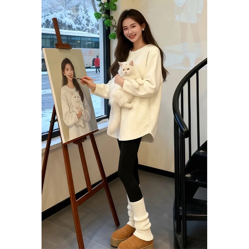 白色加绒打底衫女装秋冬中长款遮屁股长袖T恤内搭配鲨鱼裤的上衣