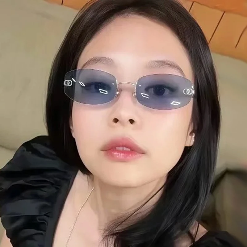 Jennie同款墨镜女y2k欧美风小框蓝色无框中古太阳镜时尚INS辣妹风