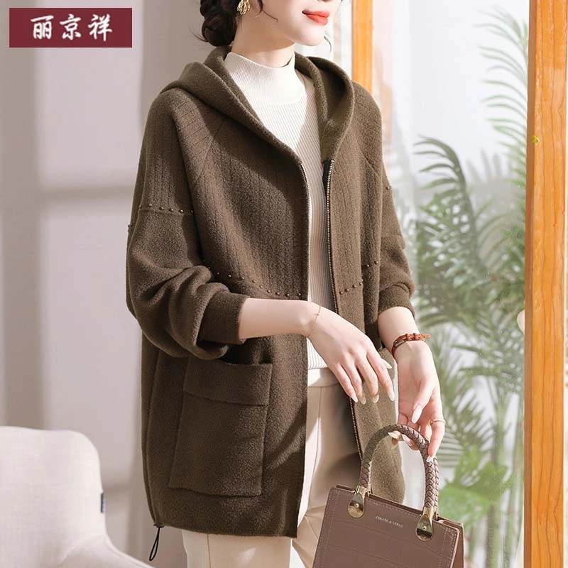 妈妈春秋款时尚休闲外套中老年大码宽松洋气连帽开衫针织毛呢上衣