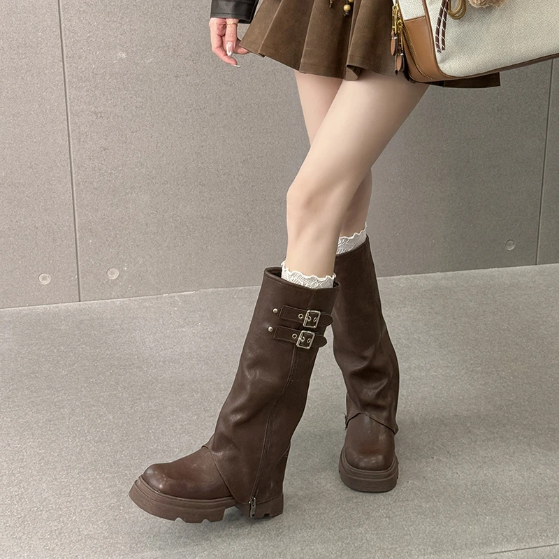 牛皮版~裤管靴堆堆靴女2025厚底增高西部靴不过膝长靴高筒骑士靴