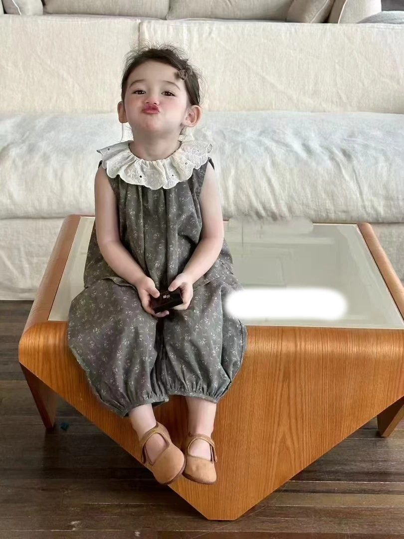 {花卷卷}2025夏季女童韩系碎花娃娃领背心+森系灯笼裤两件套8183