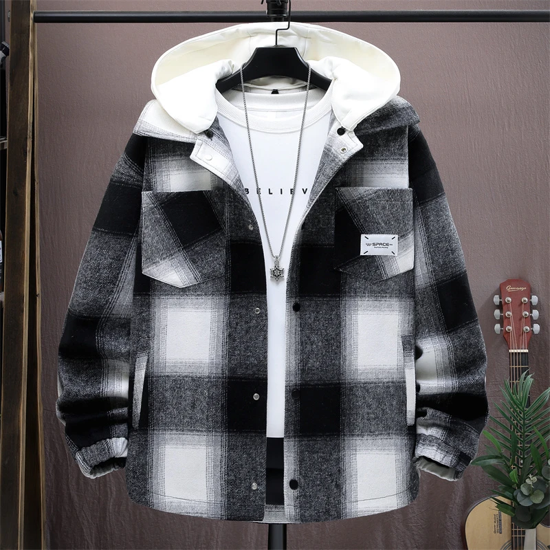 HAESONMENEAT哈逊梅奈连帽可脱卸格子男士春秋季新款时尚夹克外套