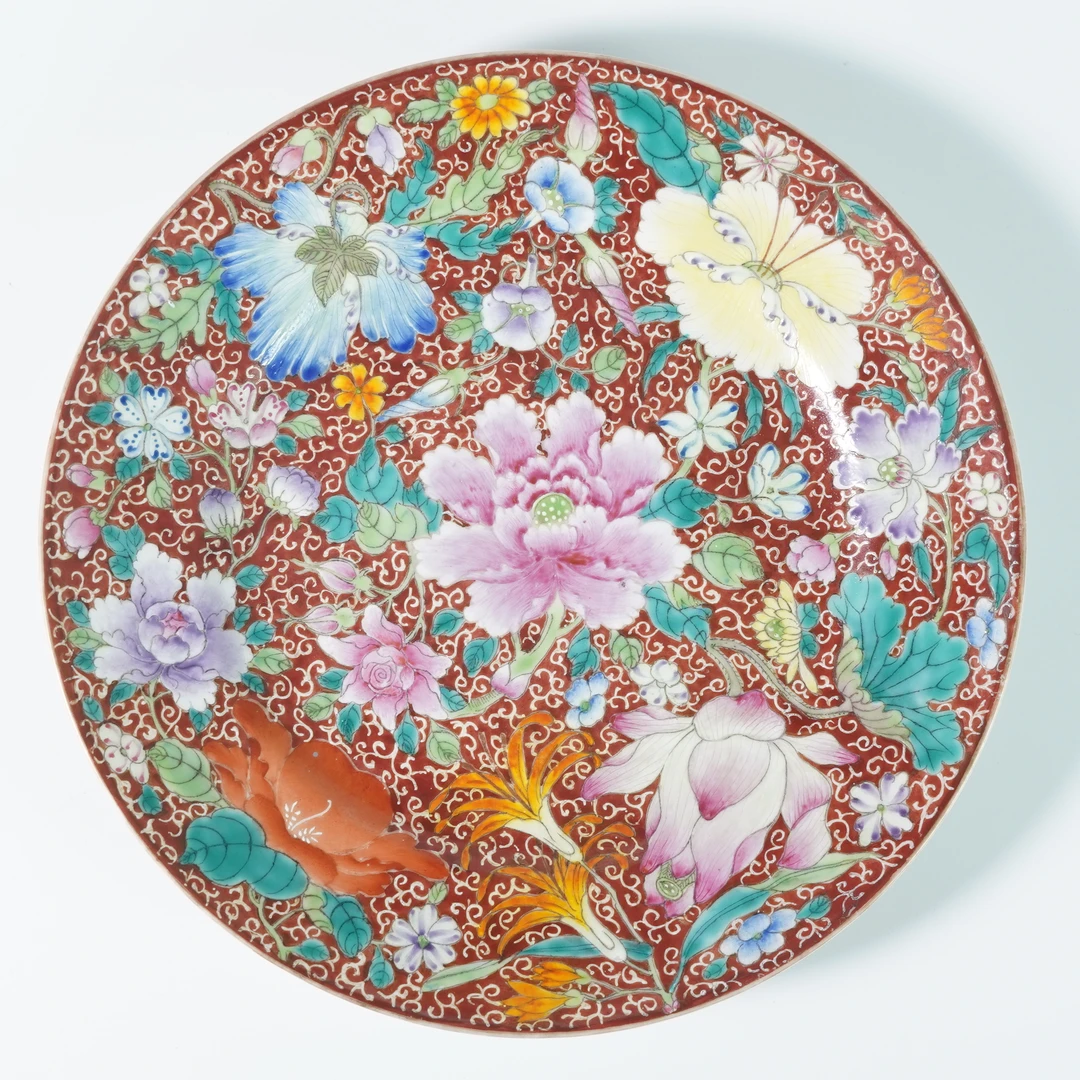 LABCJN251227028【十竹斋】清光绪珊瑚红百花不落地粉彩折沿盘