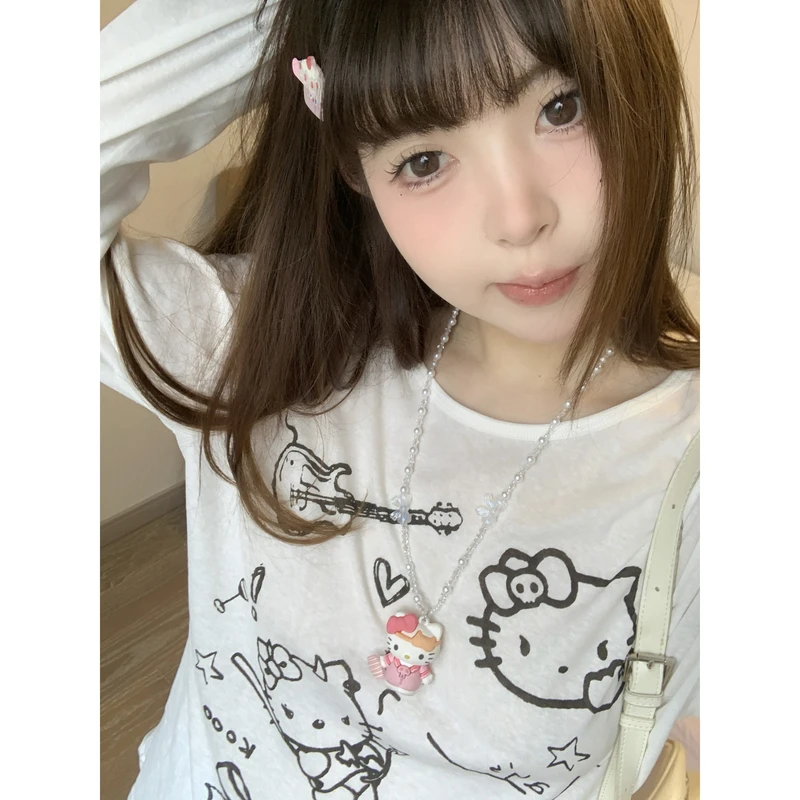 小沈美眉 KT猫卡通印花圆领长袖T恤夏薄宽松显瘦防晒罩衫上衣女