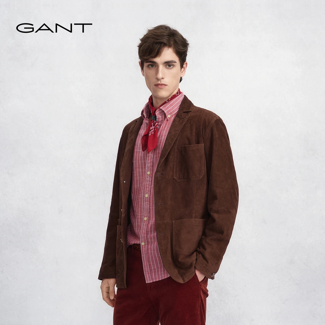 GANT/甘特2025秋冬新款男装棕色西服版羊反绒复古休闲麂皮衣外套