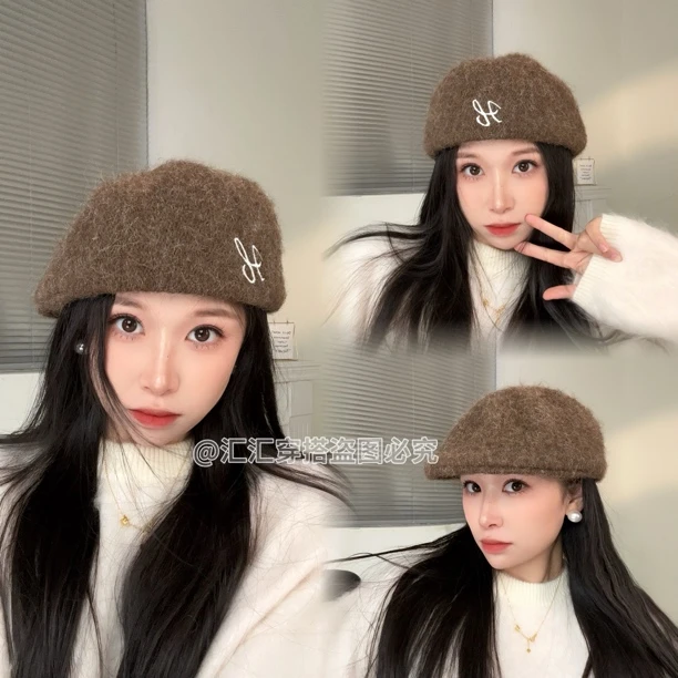 温柔～定型贝雷帽刺绣毛绒绒前进帽女秋冬显脸小 帽子加深一帽三戴