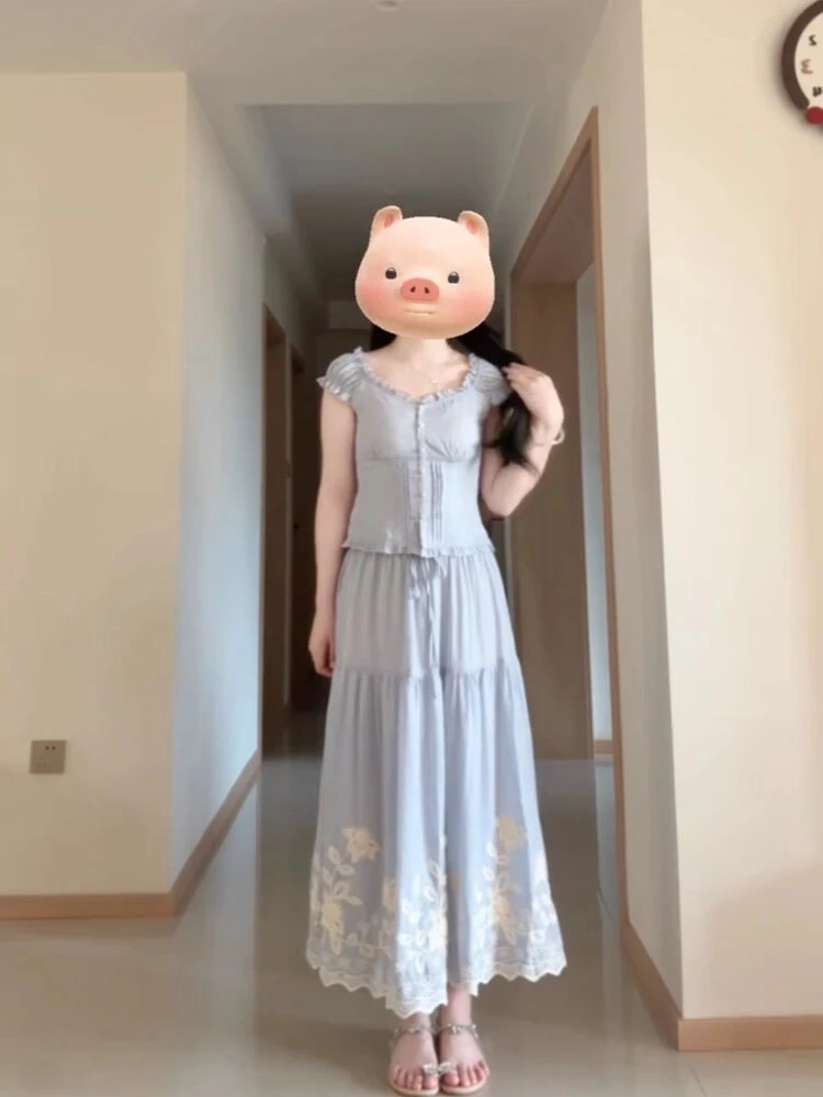 法式甜美重工排扣泡泡袖修身上衣女套装夏季高腰A字洋气半身裙